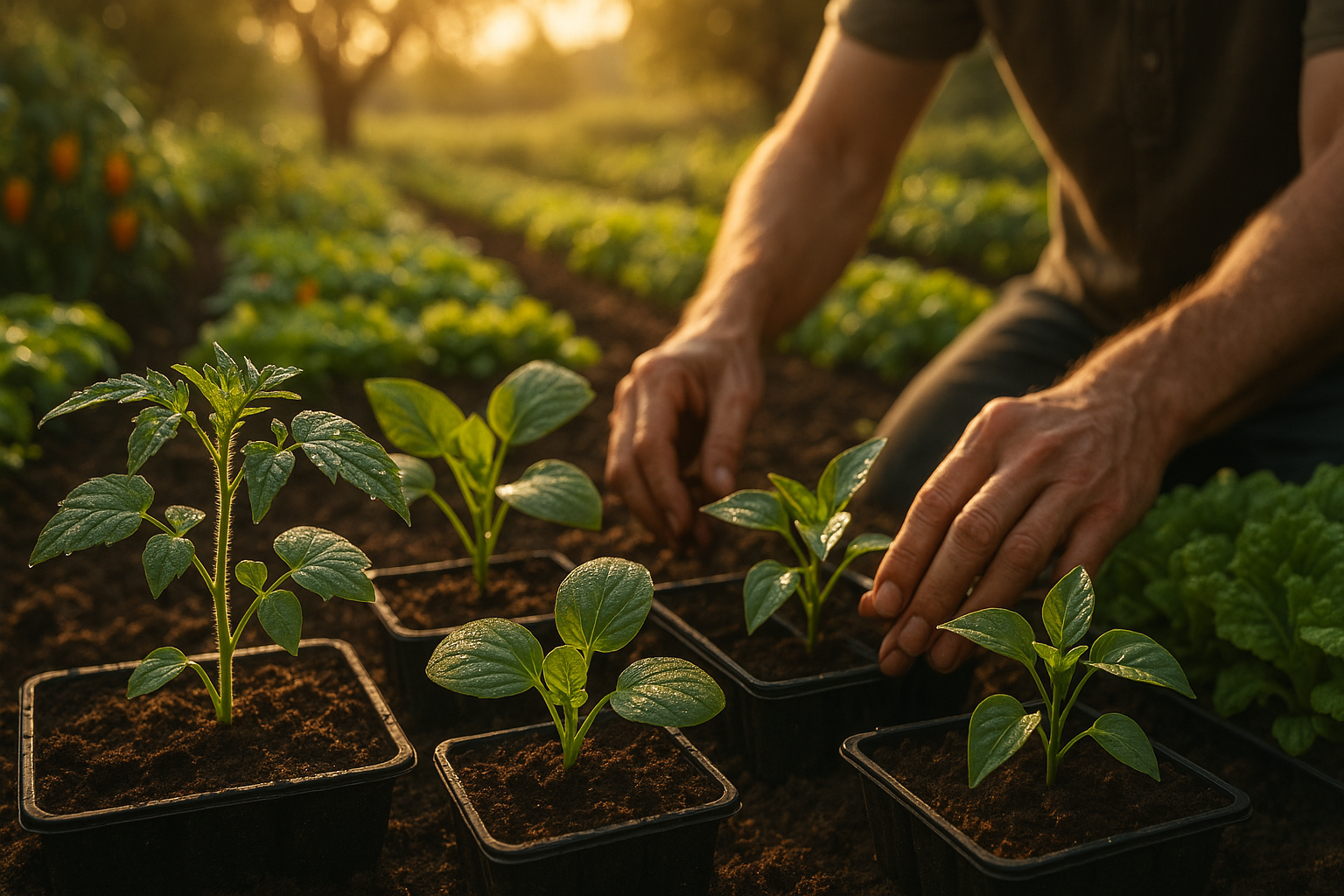 Огород с овощными культурами на солнечном приподнятом грядке, подготовка почвы и посадка семян