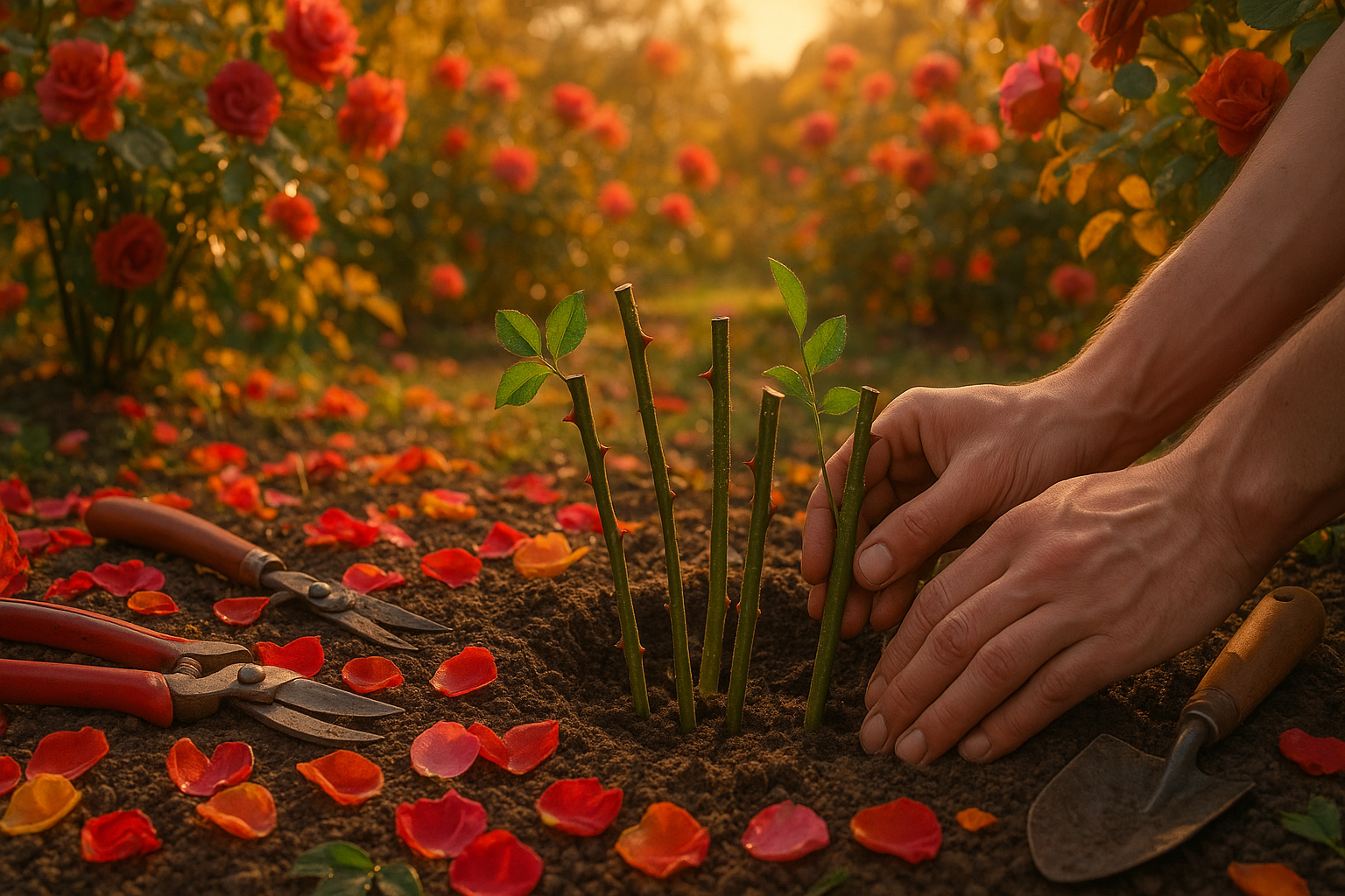 Черенки роз, подготовленные и посаженные в грунт осенью после обрезки для размножения