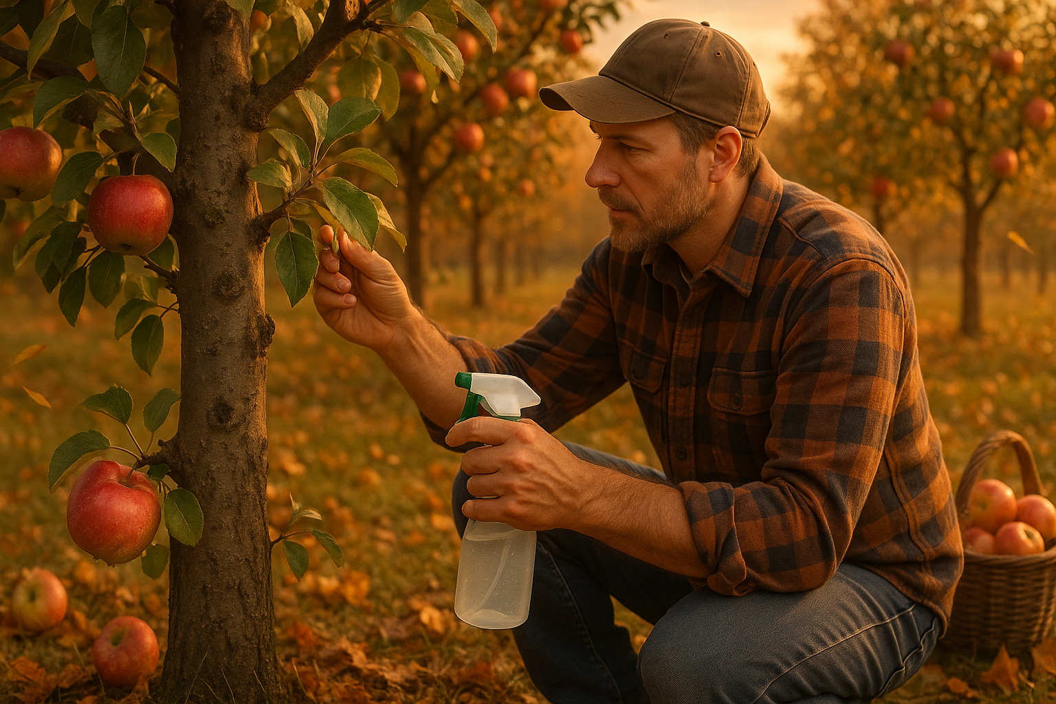Яблоня в саду весной после обработки от болезней — здоровые листья и плодоношение