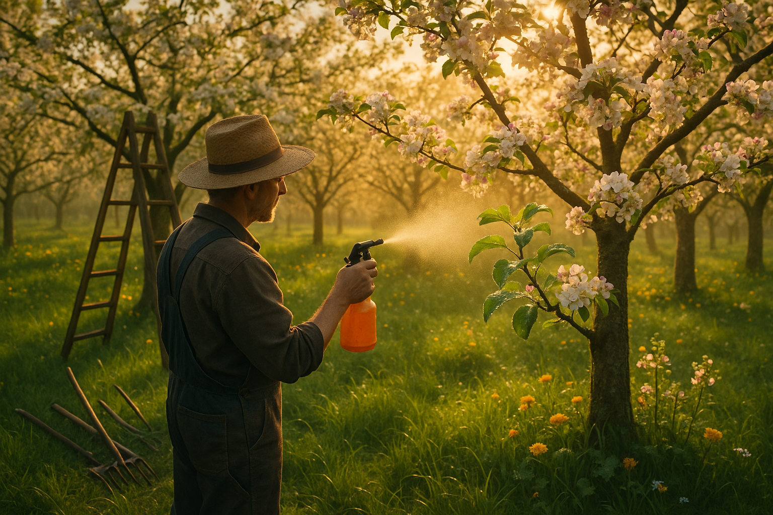 Обработка яблони раствором фунгицида для защиты от болезней