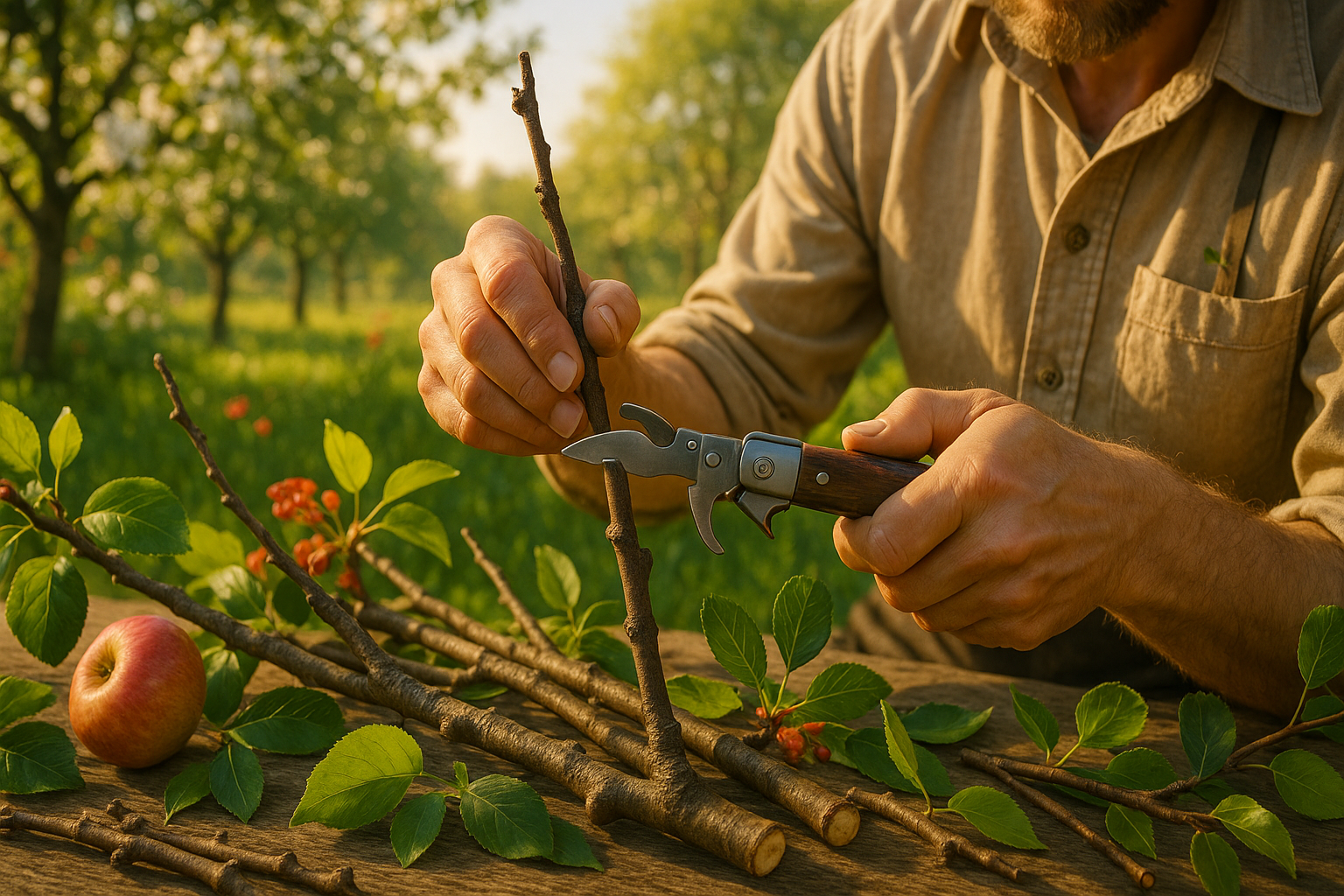 Прививочный нож-секатор с сменными ножами U, V и Ω для деревьев и кустарников на фоне садовых растений