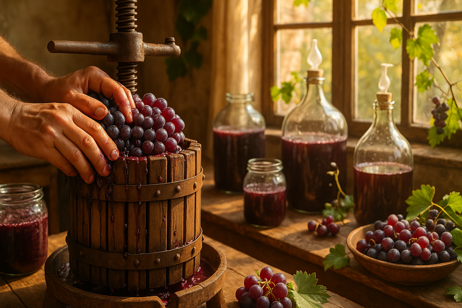 Стеклянная бутыль с домашним виноградным вином на деревянном столе рядом со свежим виноградом