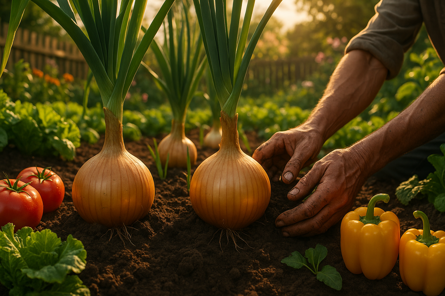Крупные луковицы репчатого лука на грядке - результат правильного выращивания и ухода