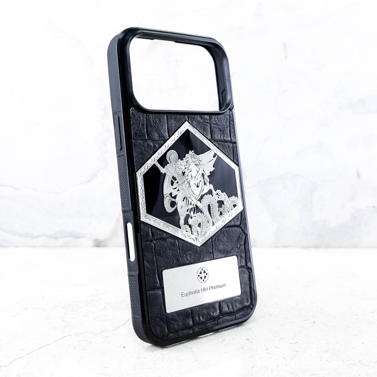 Чехол iPhone 17 Pro - Premium Euphoria Георгий Победоносец Croc Leather Премиум чехол iPhone 17 Pro из натуральной кожи, ювелирного сплава, ручная работа - Euphoria HM Premium