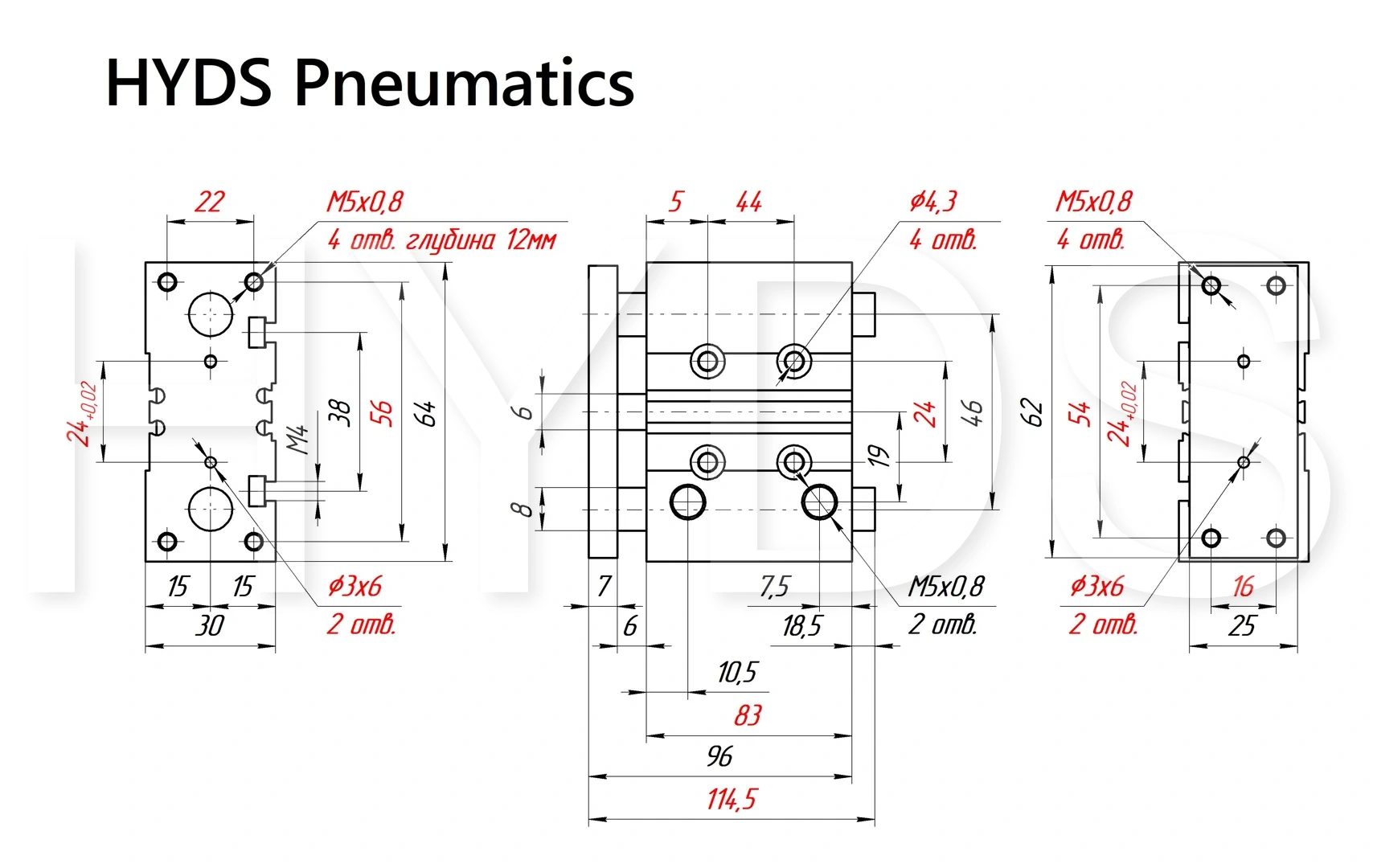 Чертёж пневмоцилиндра MGPM16-50Z Размеры пневмоцилиндра MGPM16-50Z