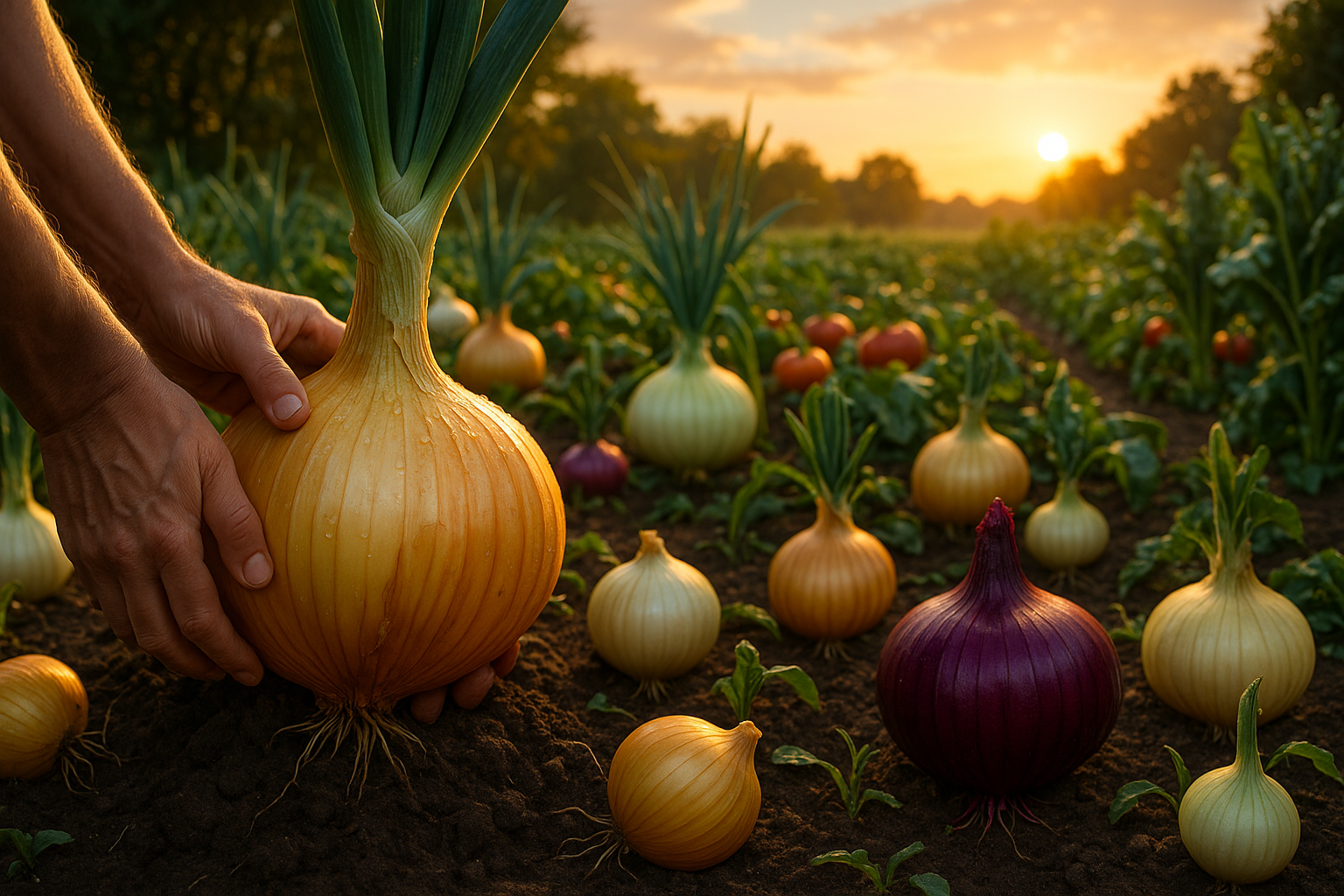 Крупные луковицы репчатого лука различных сортов на земле