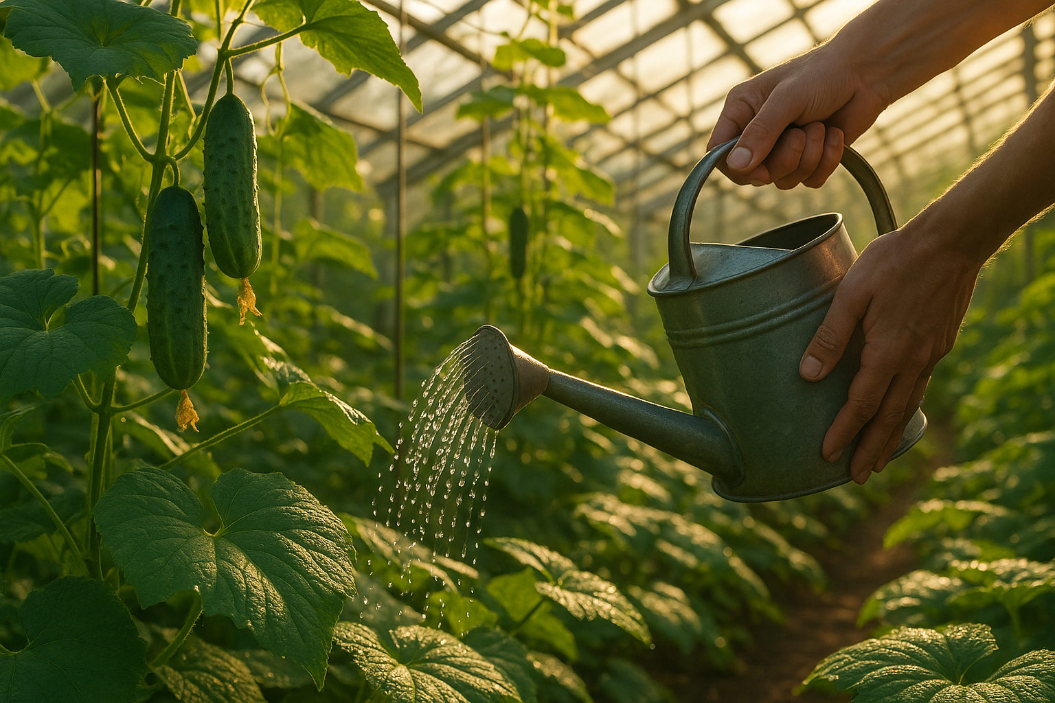 Полив огурцов в теплице из поликарбоната теплой водой под корень куста