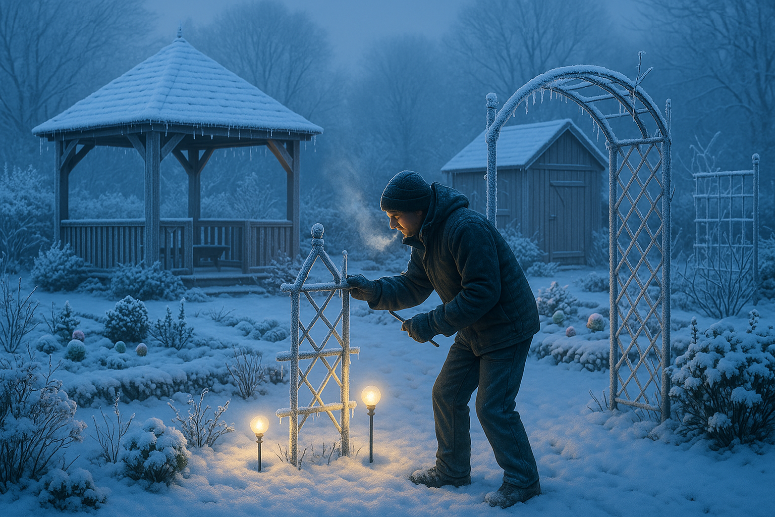 Фото зимнего сада с декоративными хвойными, подсветкой и дорожками