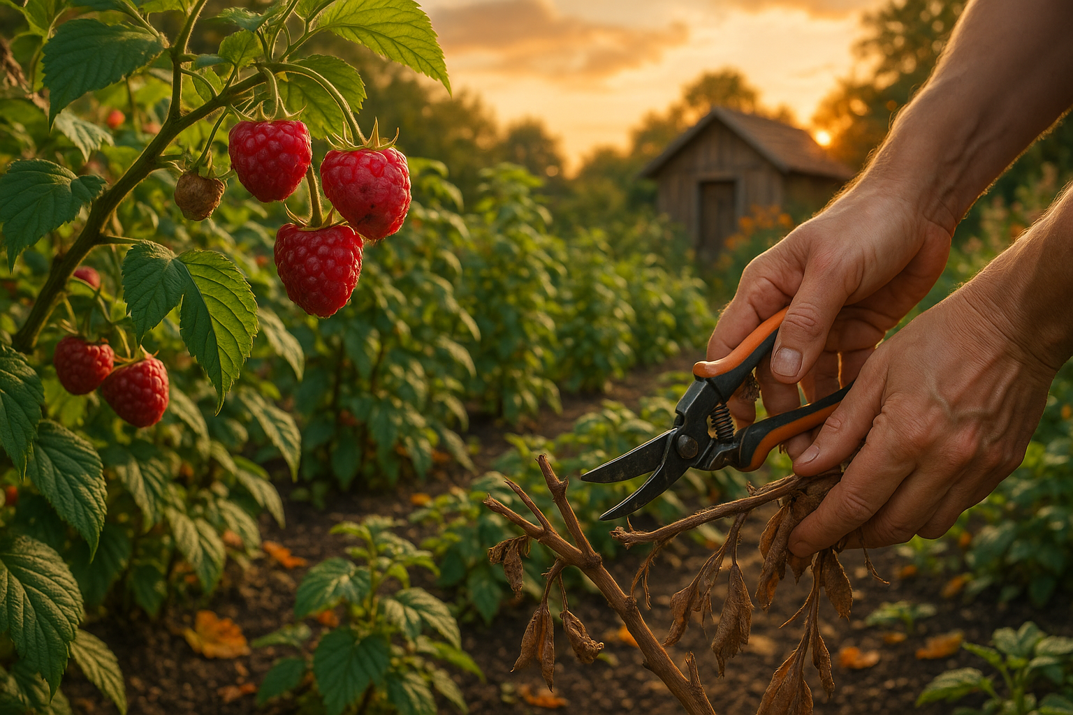 Куст малины после сбора урожая с обрезанными побегами и замульчированной почвой для подготовки к зиме