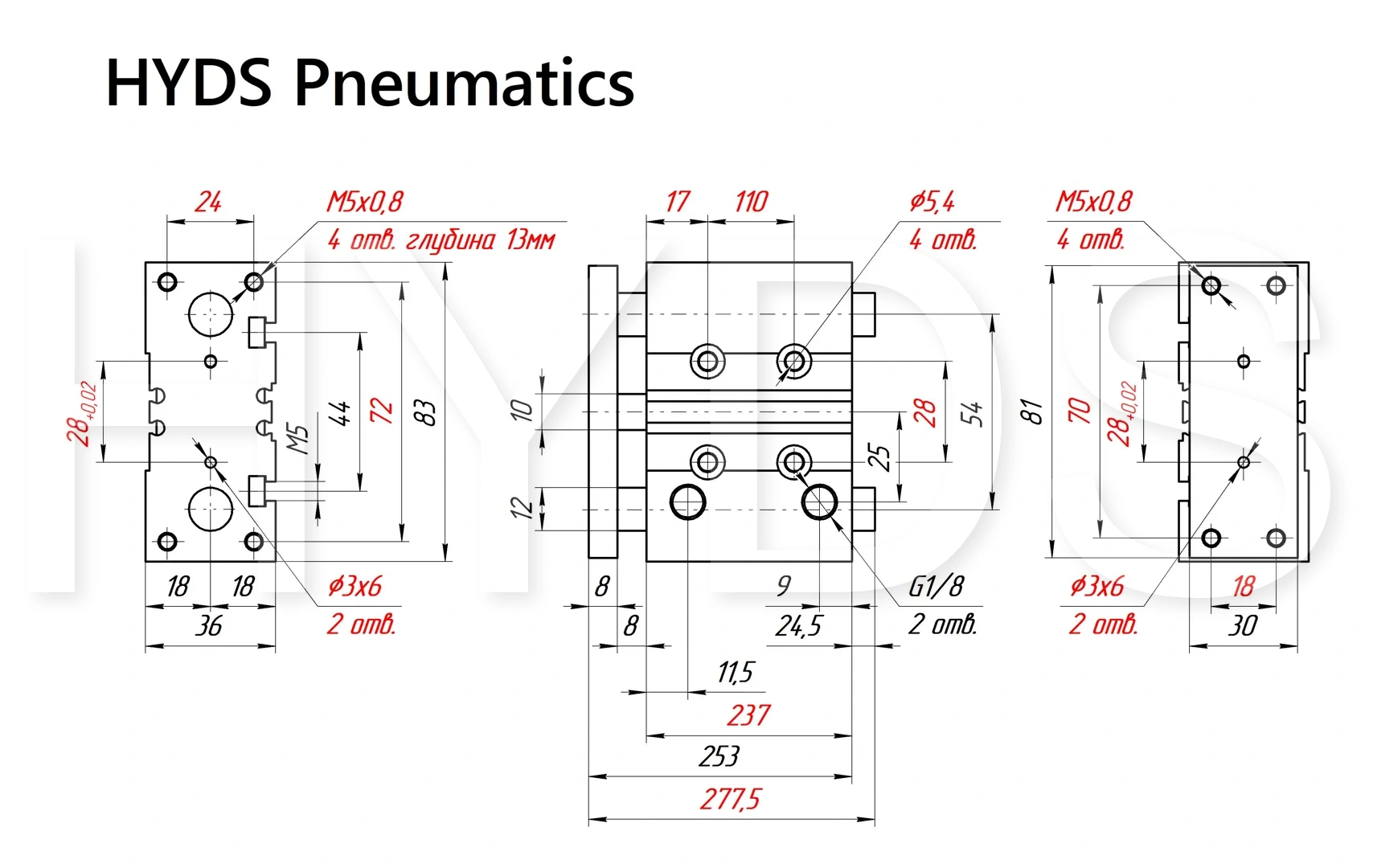 Чертёж пневмоцилиндра MGPM20TF-200Z Размеры пневмоцилиндра MGPM20TF-200Z