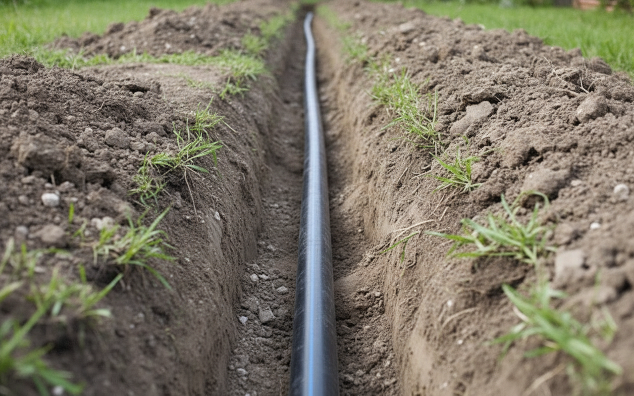 Схема правильной укладки ПНД трубы в траншею с песчаной подушкой