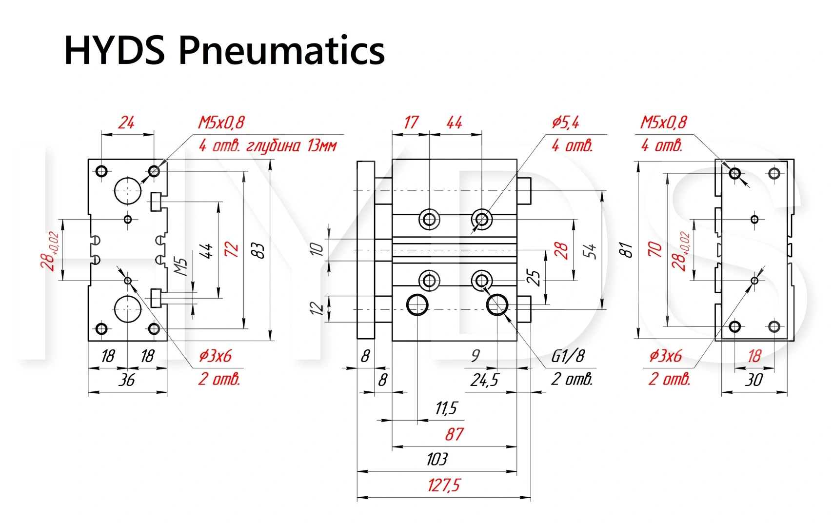 Чертёж пневмоцилиндра MGPM20TF-50Z Размеры пневмоцилиндра MGPM20TF-50Z