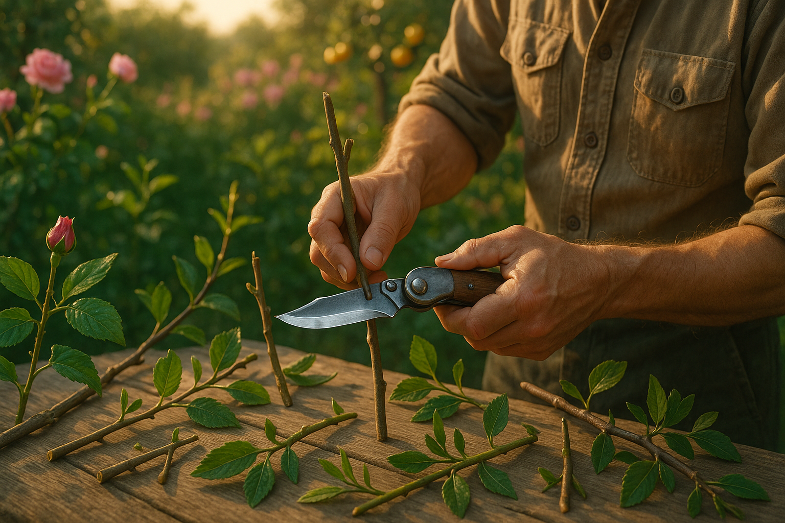 Прививочный нож-секатор с сменными ножами U, V и Ω для деревьев и кустарников на фоне садовых растений