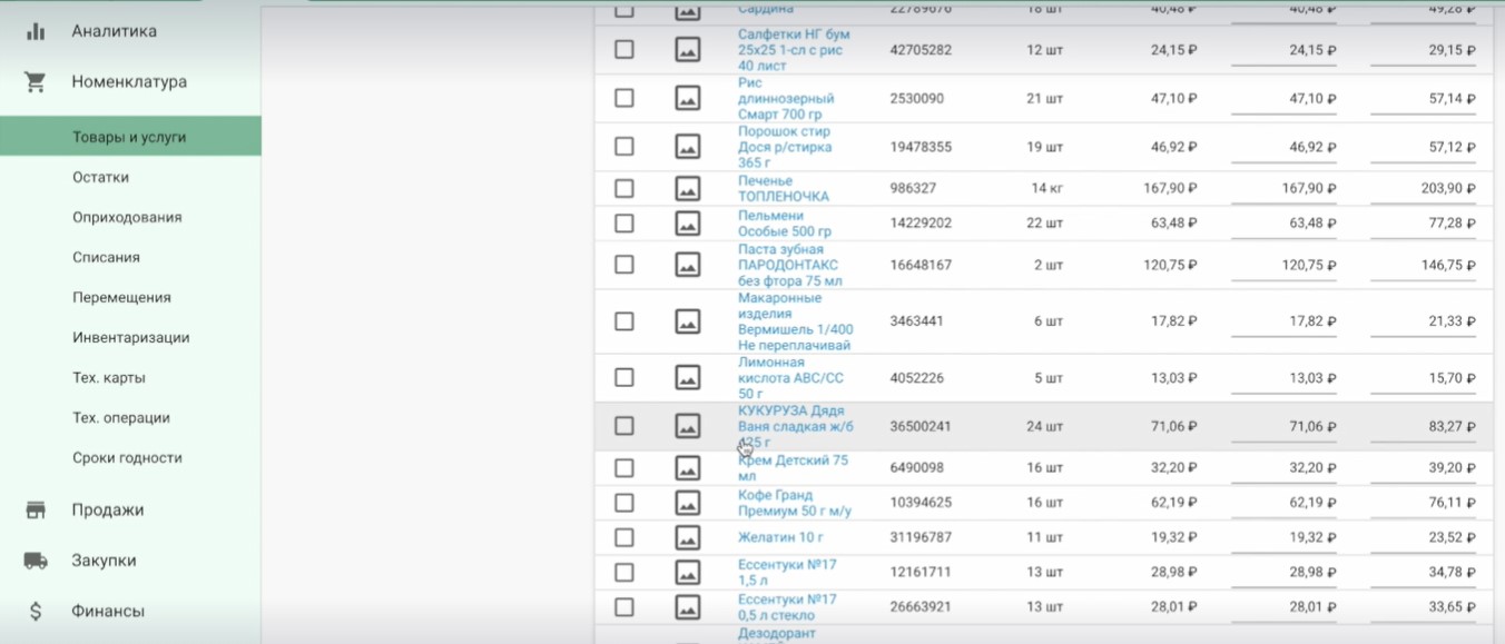 Работа со списком товаров в ЕКАМ