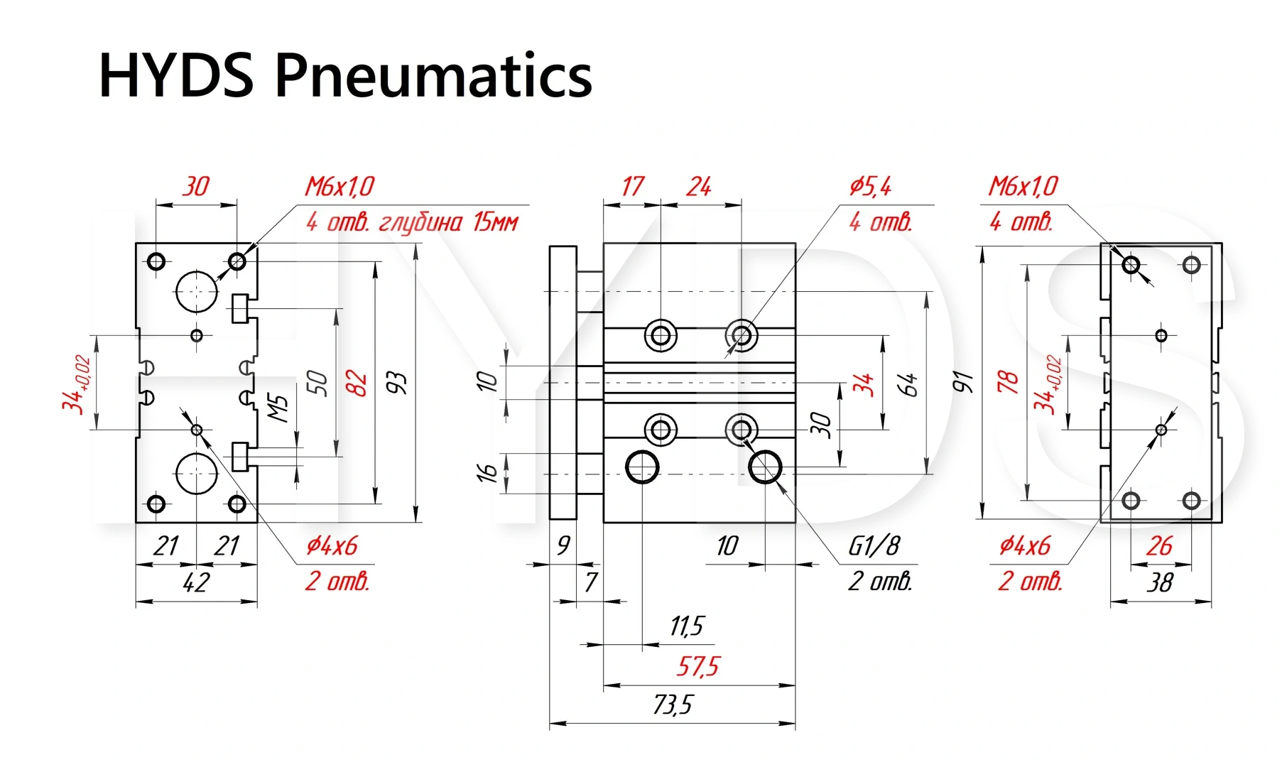 Чертёж пневмоцилиндра MGPM25TF-20Z Размеры пневмоцилиндра MGPM25TF-20Z