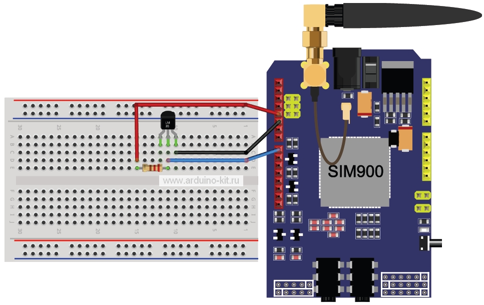 Схема подключения модуля GSM/GPRS shield и датчика LM335. Шилд SIM900 установлен на Arduino UNO