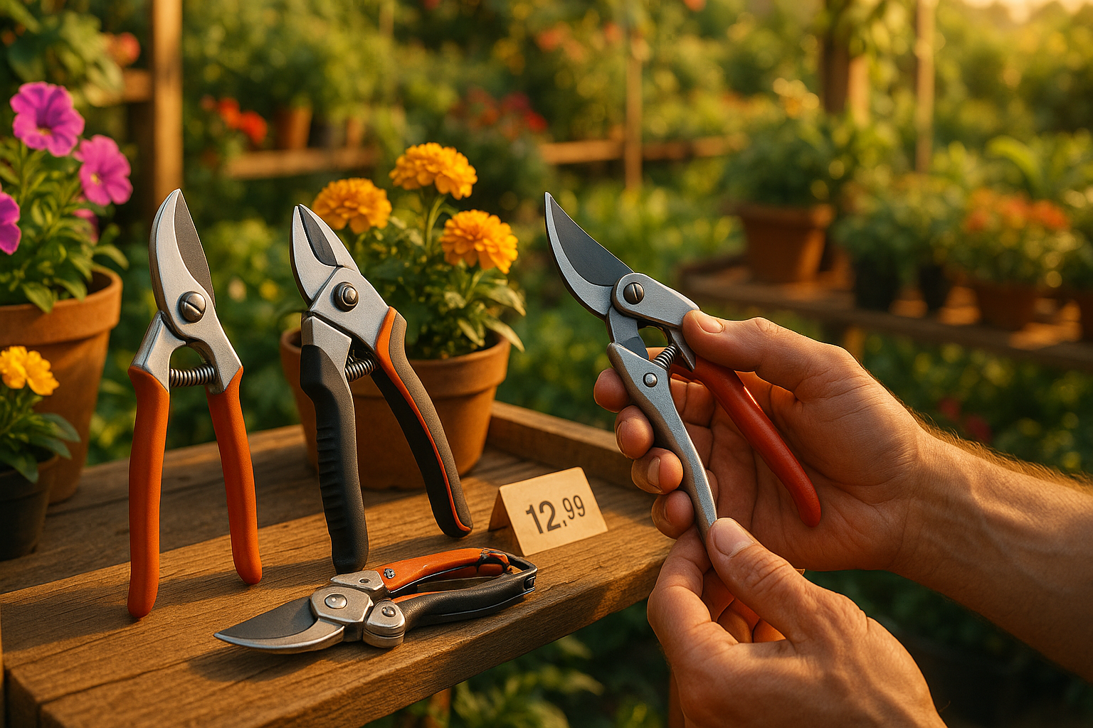 Лучший секатор для обрезки деревьев на фоне зеленых веток и садового инструмента