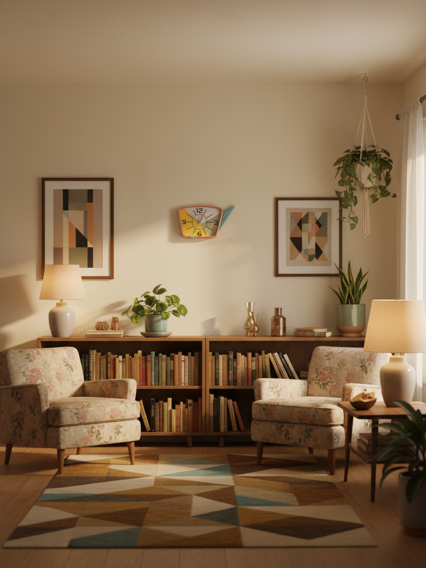 Настенные часы WOODandROOT в духе mid-century в реальном интерьере 80-х: тёплые оттенки, геометрия и уютная ностальгия