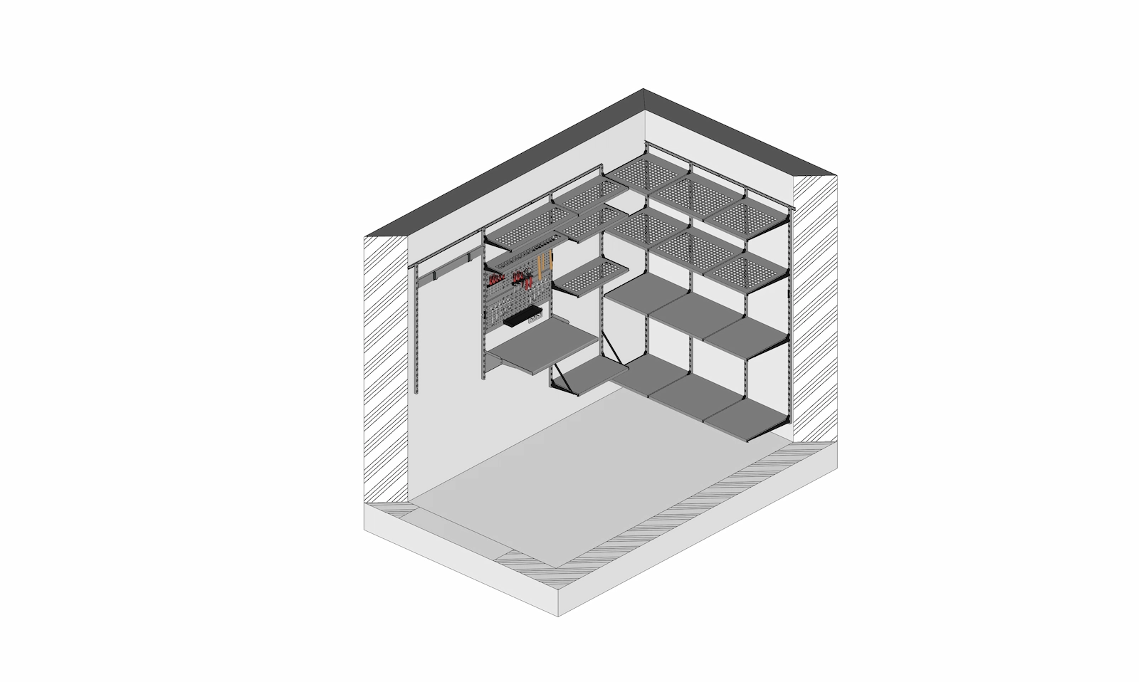 3D-проект мини-мастерской с откидным верстаком и перфопанелью в кладовой