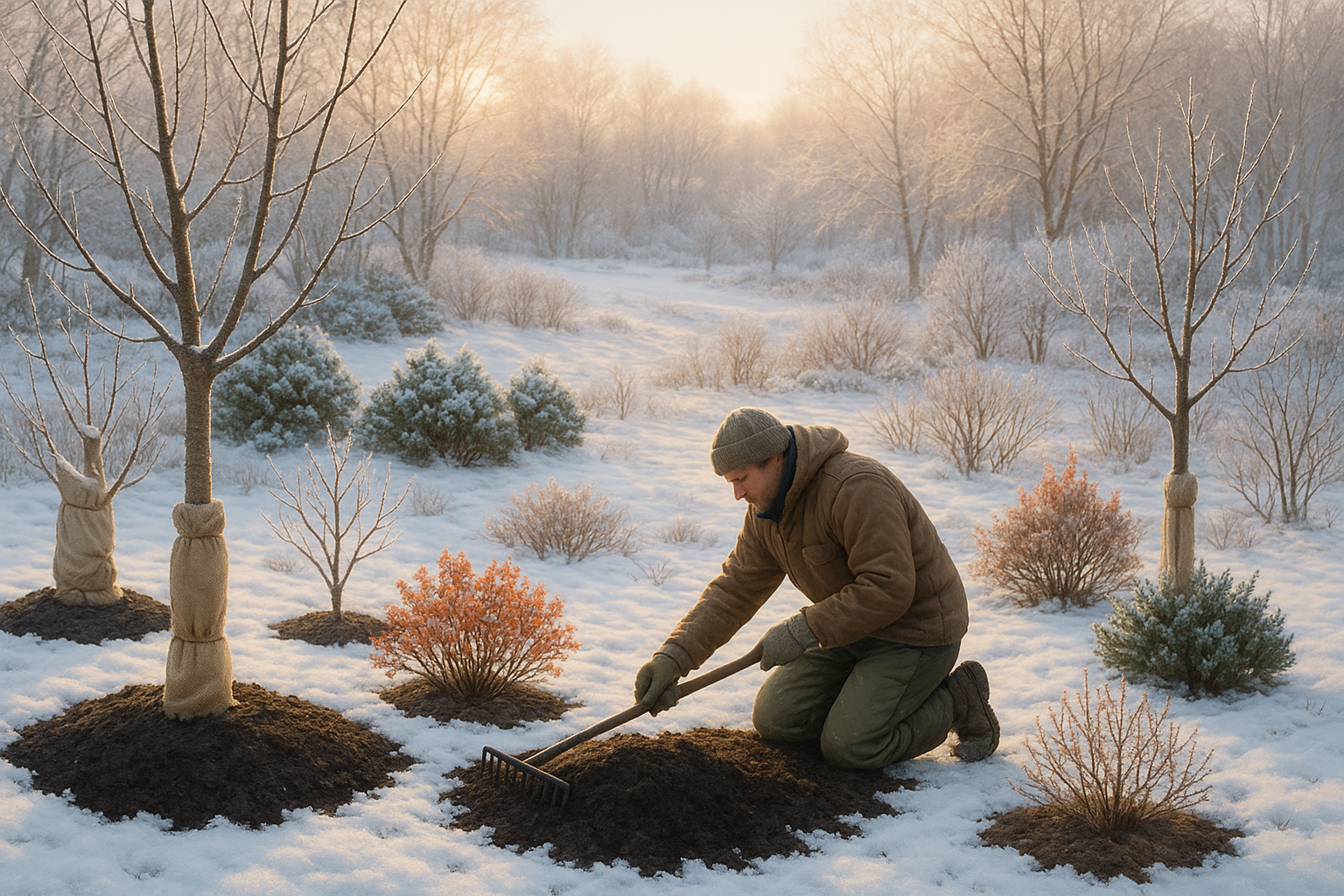 Сад с деревьями и кустарниками, укрытые агроволокном для защиты от мороза