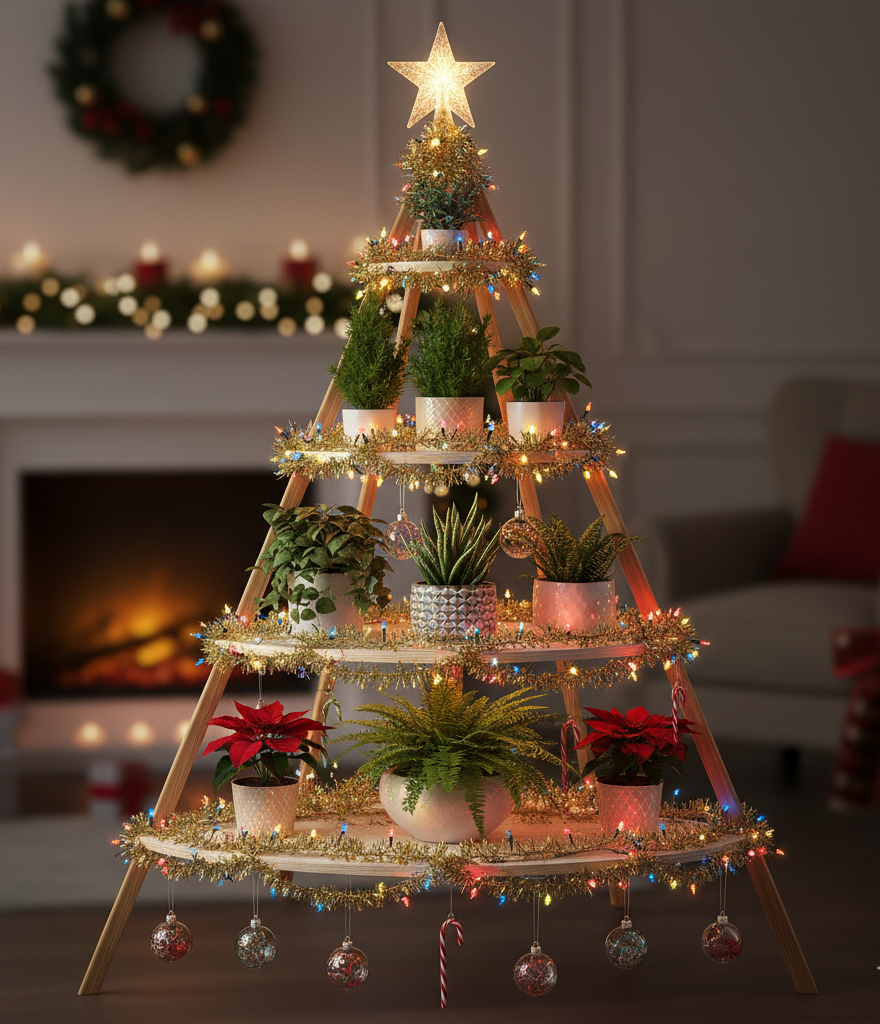 Этажерка пирамидальной формы, украшенная как елка. На каждой ступени стоят разные растения, обвитые мишурой и огоньками
