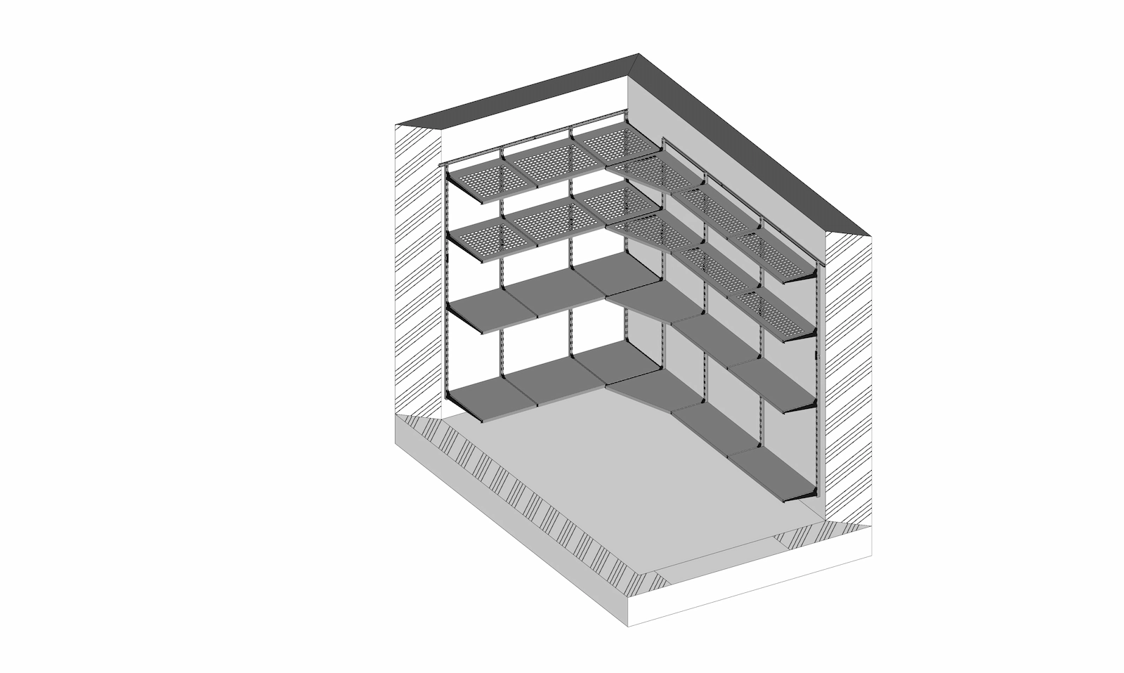 3D-визуализация угловой стеллажной системы с усиленными полками под заготовки