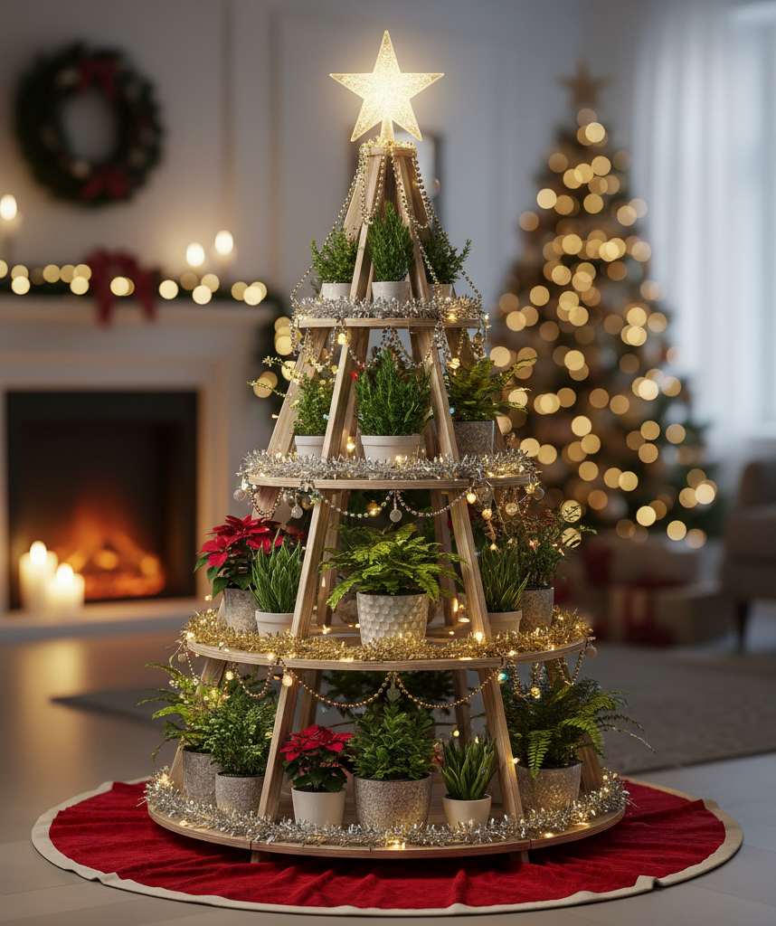 На каждом уровне деревянной этажерки стоят цветы в горшках. В форме новогодней ёлки. На каждой ступени стоят разные растения, украшены мишурой