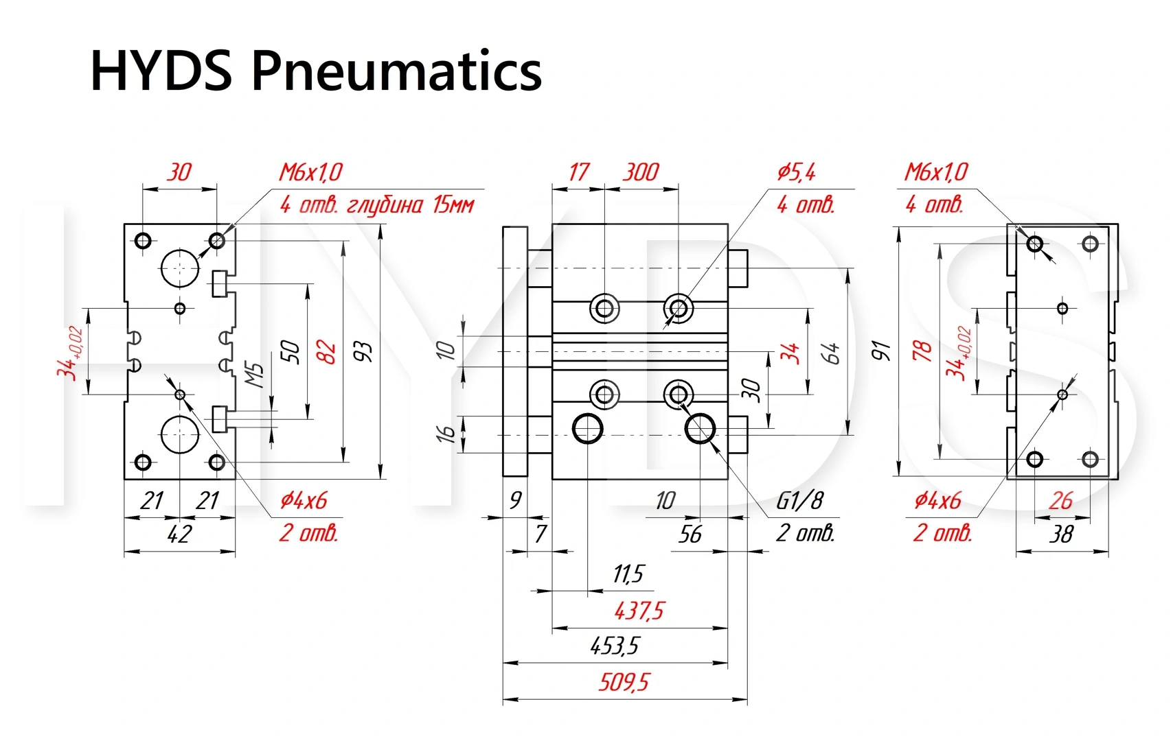 Чертёж пневмоцилиндра MGPM25TF-400Z Размеры пневмоцилиндра MGPM25TF-400Z