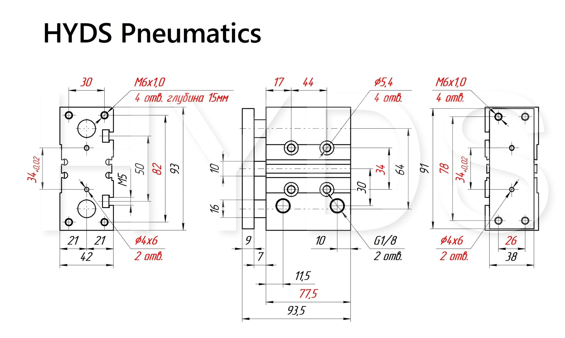 Чертёж пневмоцилиндра MGPM25TF-40Z Размеры пневмоцилиндра MGPM25TF-40Z