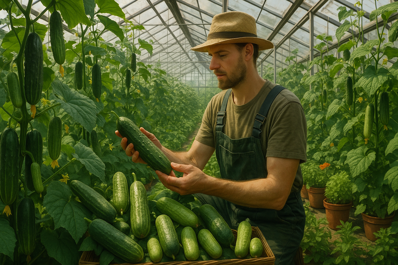 Свежие зеленые плоды лучших сортов огурцов, выращенных в теплице на фоне растений