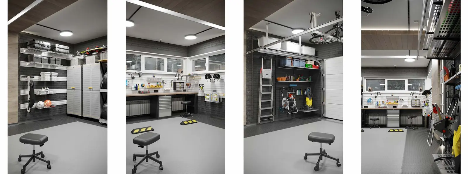 Пример обустроенного современного гаража с системами хранения, полками и организованным пространством