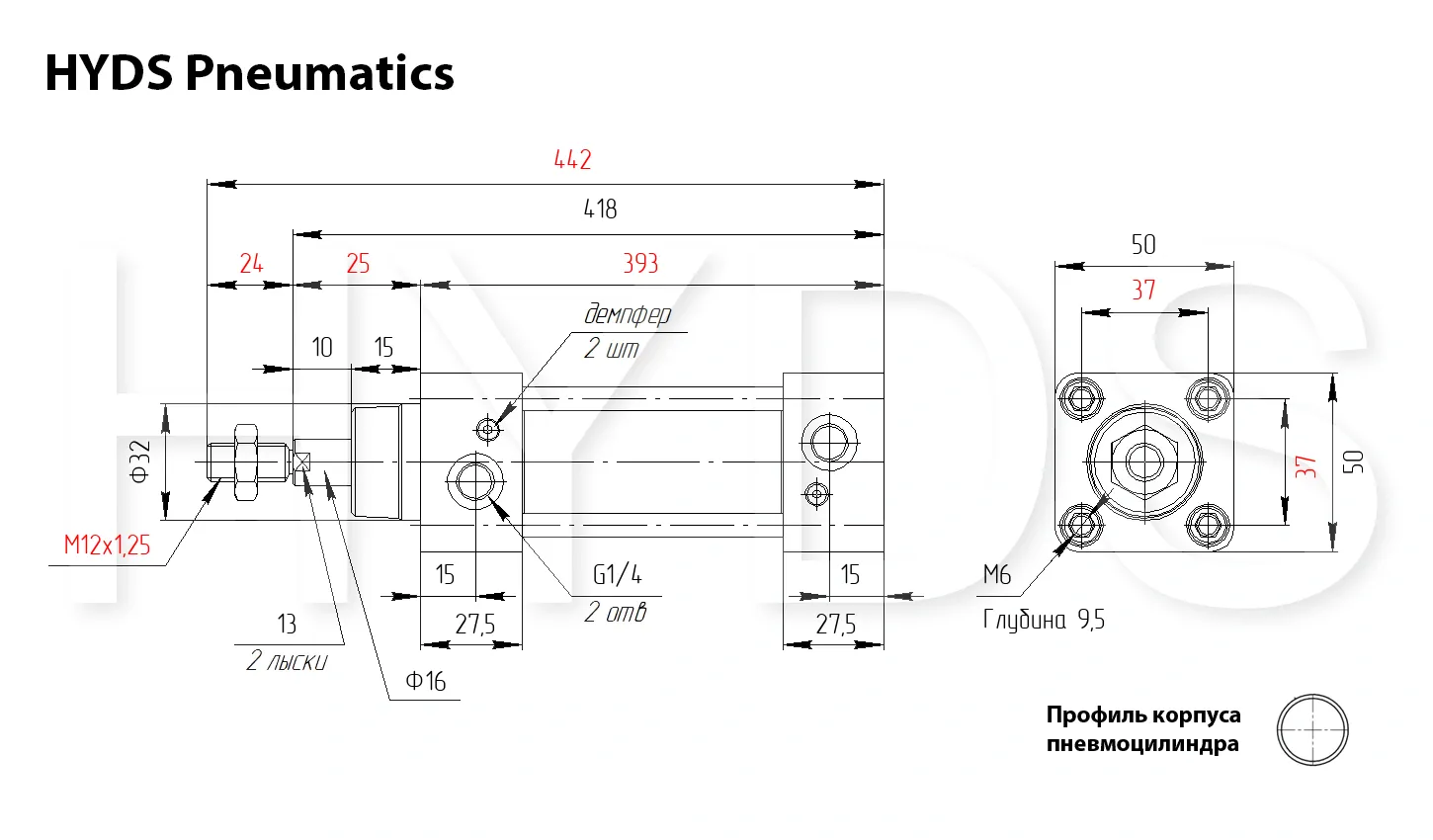 Размеры пневмоцилиндра SC 40x300-S