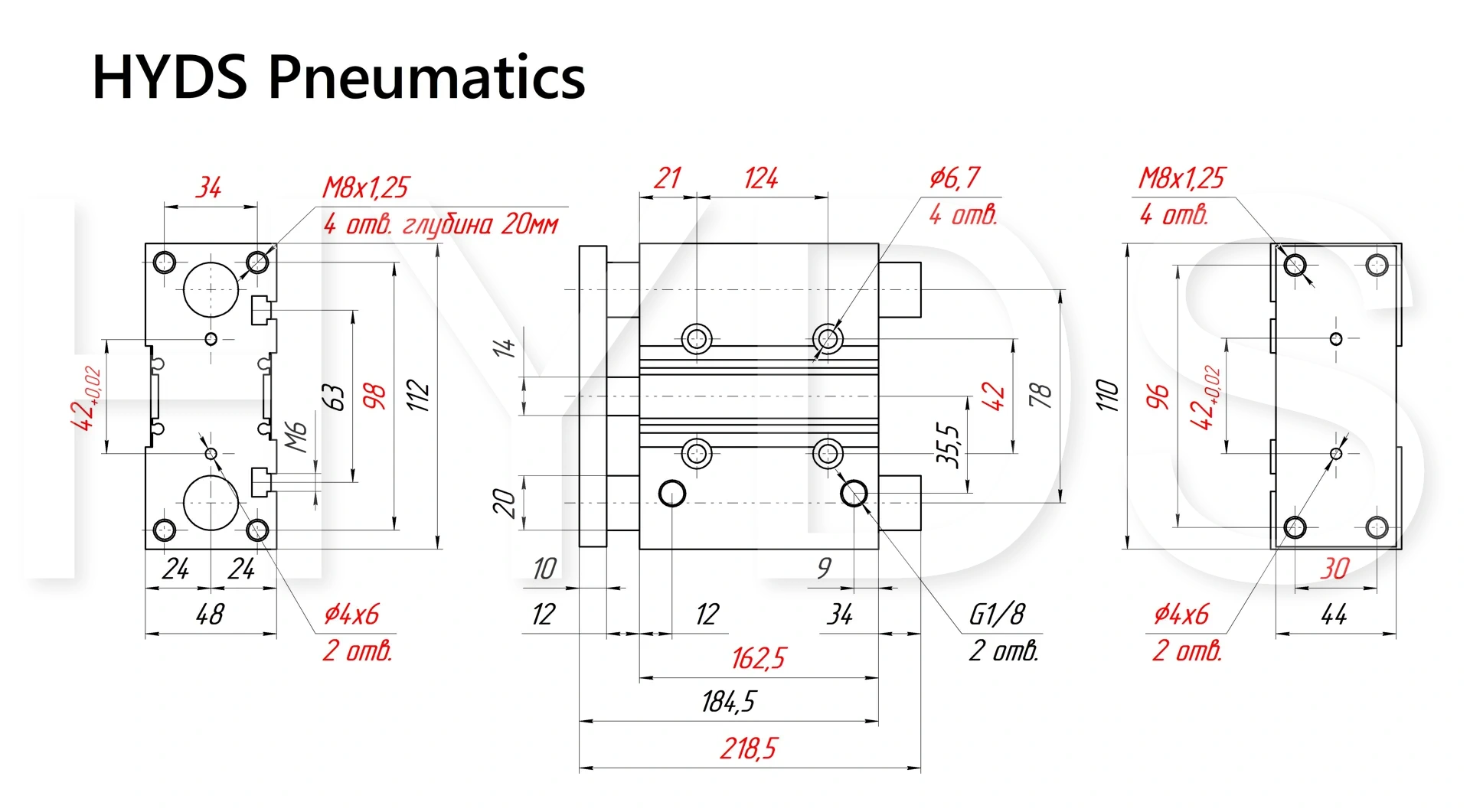 Чертёж пневмоцилиндра MGPM32TF-125Z Размеры пневмоцилиндра MGPM32TF-125Z