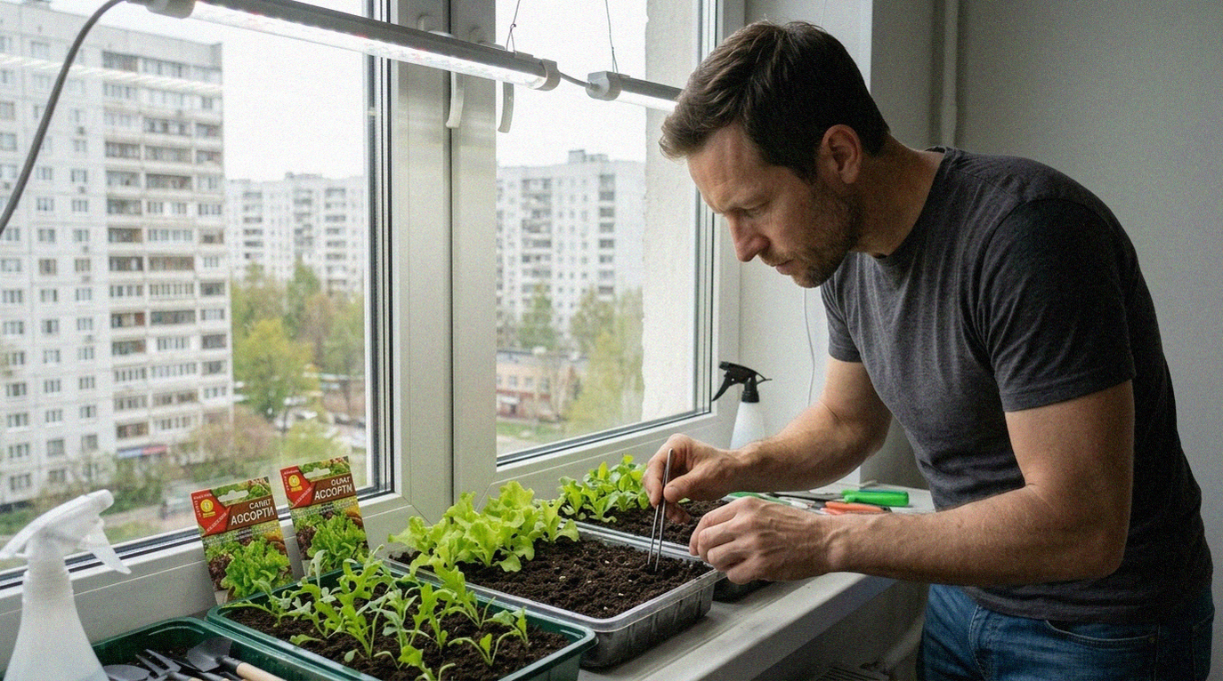 Человек сажающий семена салата в контейнер на подоконнике