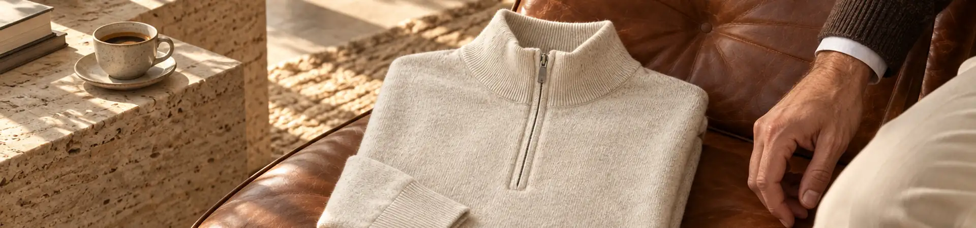 Свитер серый от Loro Piana Treccia BP5-197962 в lifestyle-сцене к статье «Круглый вырез, стойка или молния: выбираем мужской трикотаж»