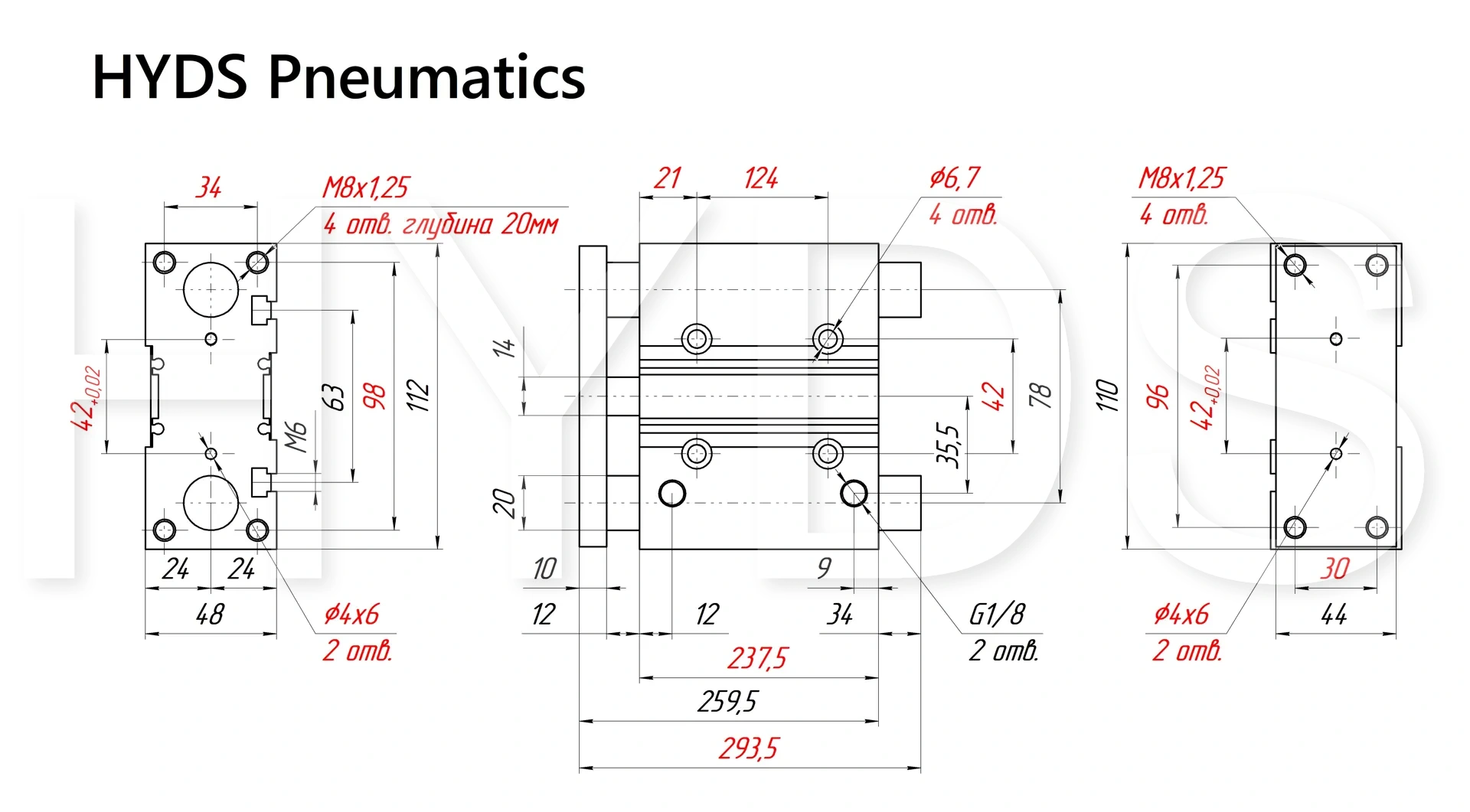 Чертёж пневмоцилиндра MGPM32TF-200Z Размеры пневмоцилиндра MGPM32TF-200Z