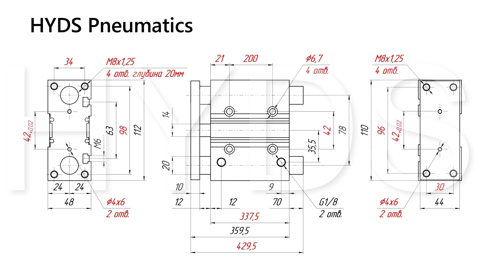 Чертёж пневмоцилиндра MGPM32TF-300Z Размеры пневмоцилиндра MGPM32TF-300Z