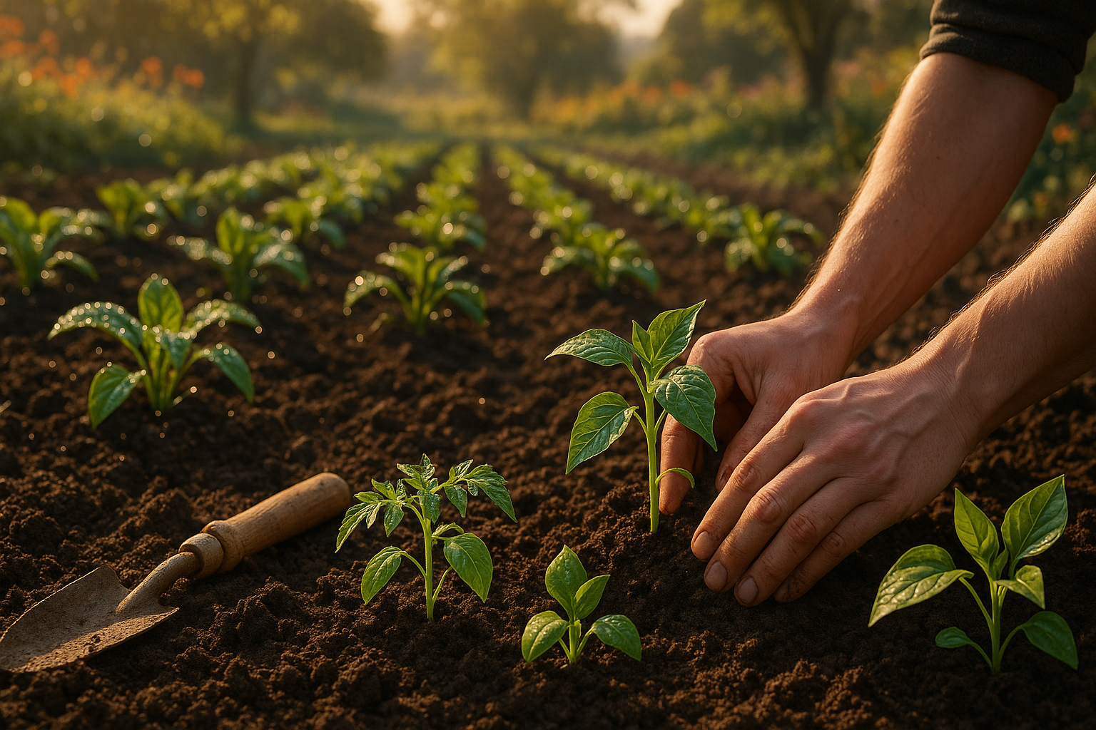 Огород с овощными культурами на солнечном приподнятом грядке, подготовка почвы и посадка семян