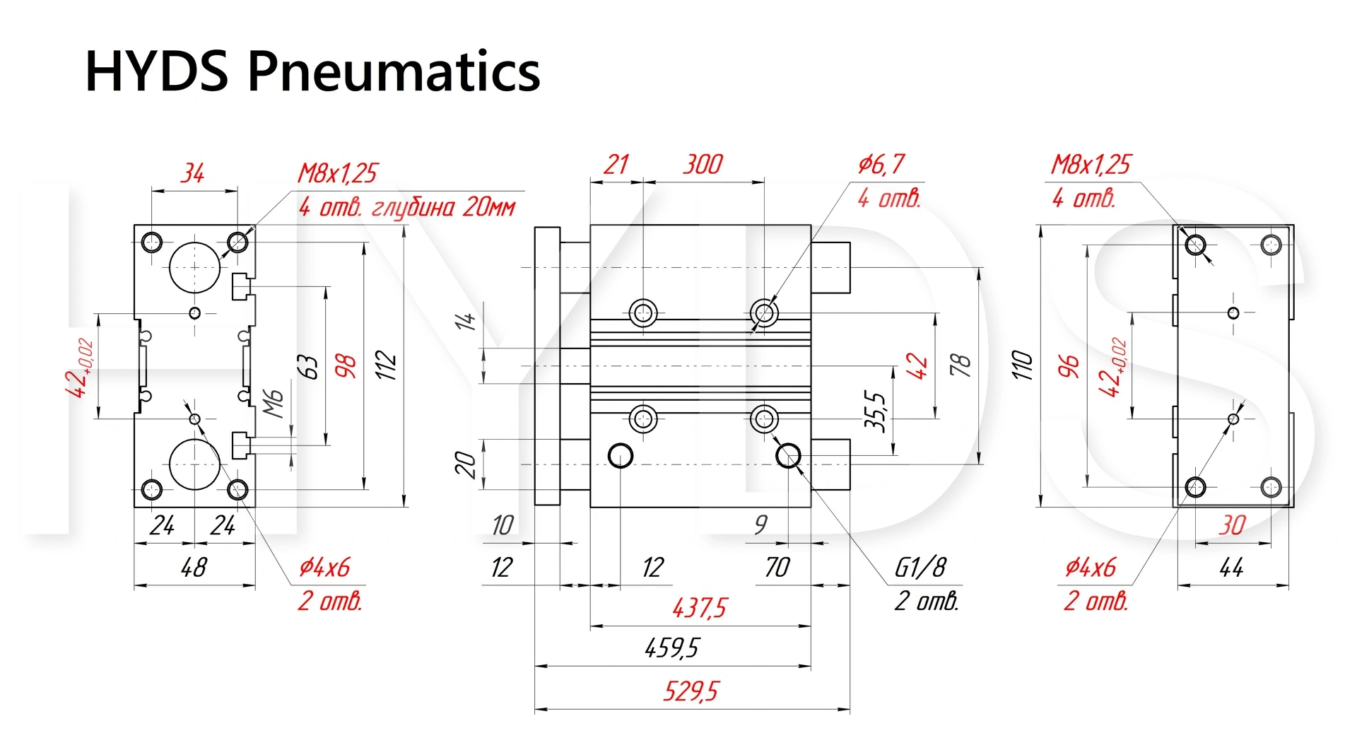 Чертёж пневмоцилиндра MGPM32TF-400Z Размеры пневмоцилиндра MGPM32TF-400Z