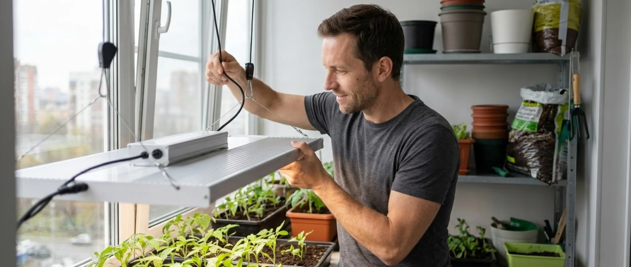 Рассада на лоджии под освещением Quantum Board 120 Вт