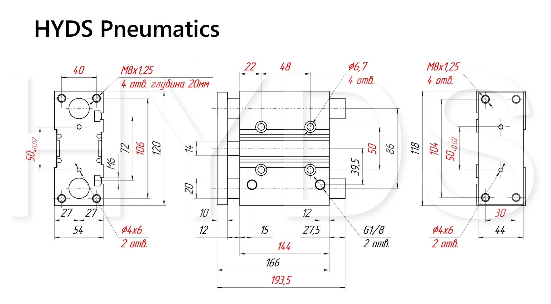 Чертёж пневмоцилиндра MGPM40TF-100Z Размеры пневмоцилиндра MGPM40TF-100Z