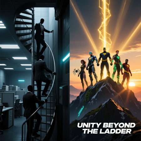 motivation-battle-team-synergy <img src="motivation-battle-team-synergy.jpg" alt="Futuristic illustration comparing corporate rat race with true team synergy and leadership motivation">