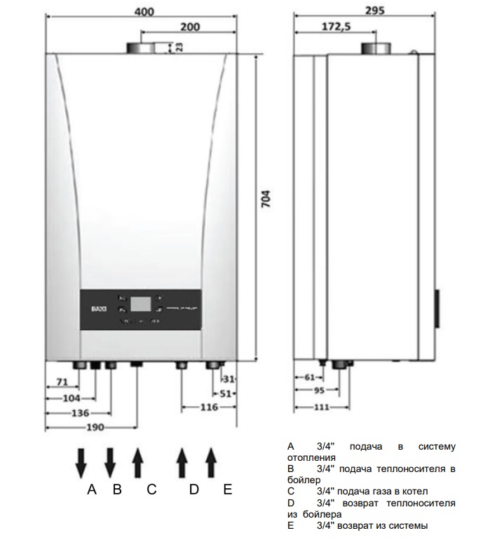Размеры подключения котла 1.24 F