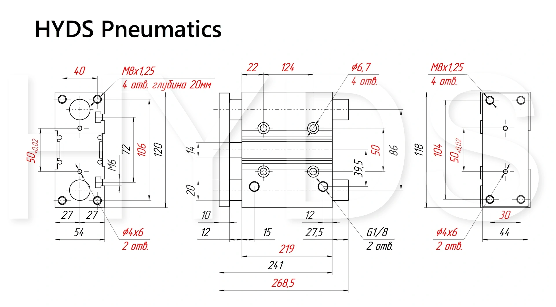 Чертёж пневмоцилиндра MGPM40TF-175Z Размеры пневмоцилиндра MGPM40TF-175Z