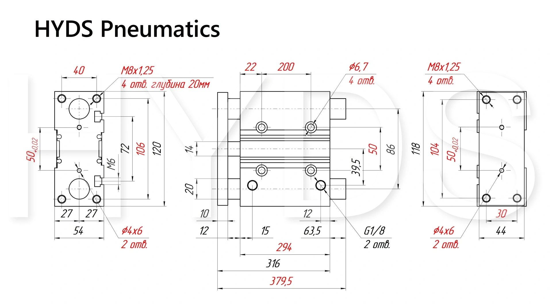 Чертёж пневмоцилиндра MGPM40TF-250Z Размеры пневмоцилиндра MGPM40TF-250Z