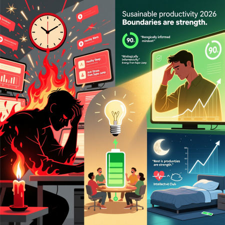 <img src="productivity-2026-sustainable-no-burnout.jpg" alt="Sustainable productivity in 2026: deep focus, quality sleep, meaningful work without burnout through recovery and system design">