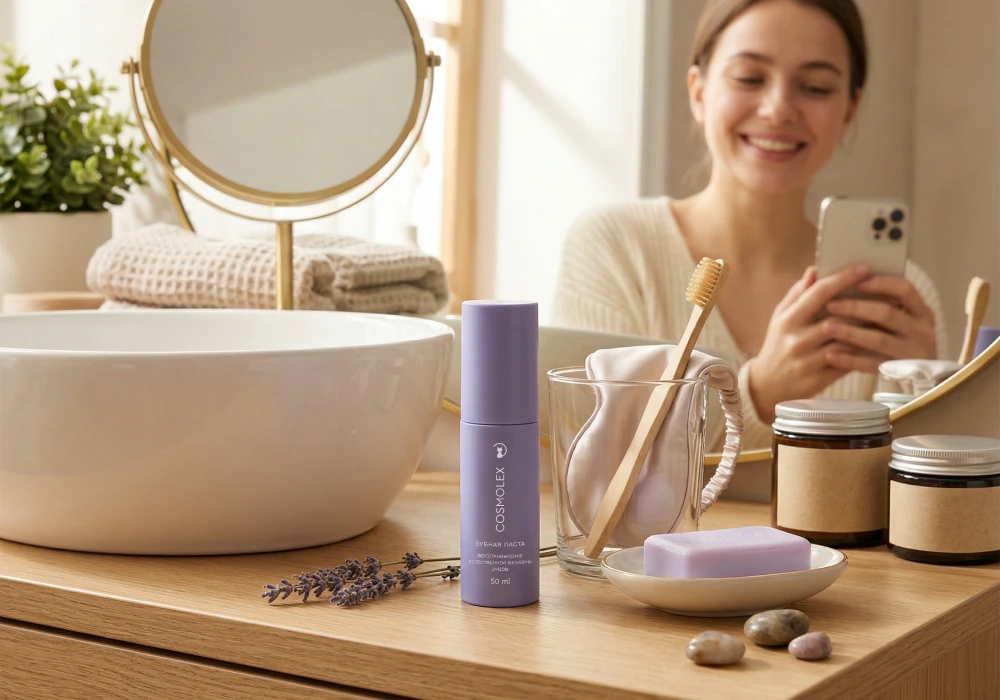 Фиолетовая зубная паста Cosmolex для отбеливания зубов