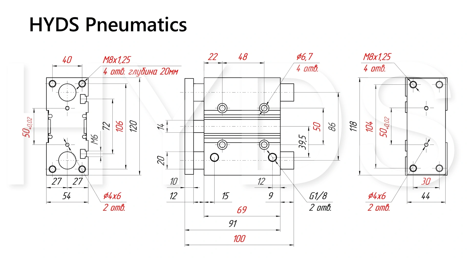 Размеры пневмоцилиндра MGPM40TF-25Z