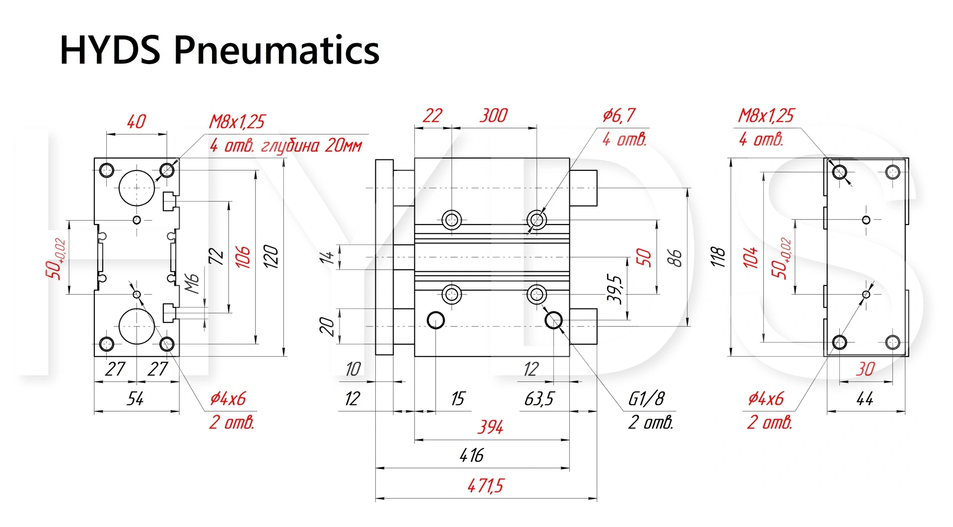 Чертёж пневмоцилиндра MGPM40TF-350Z Размеры пневмоцилиндра MGPM40TF-350Z