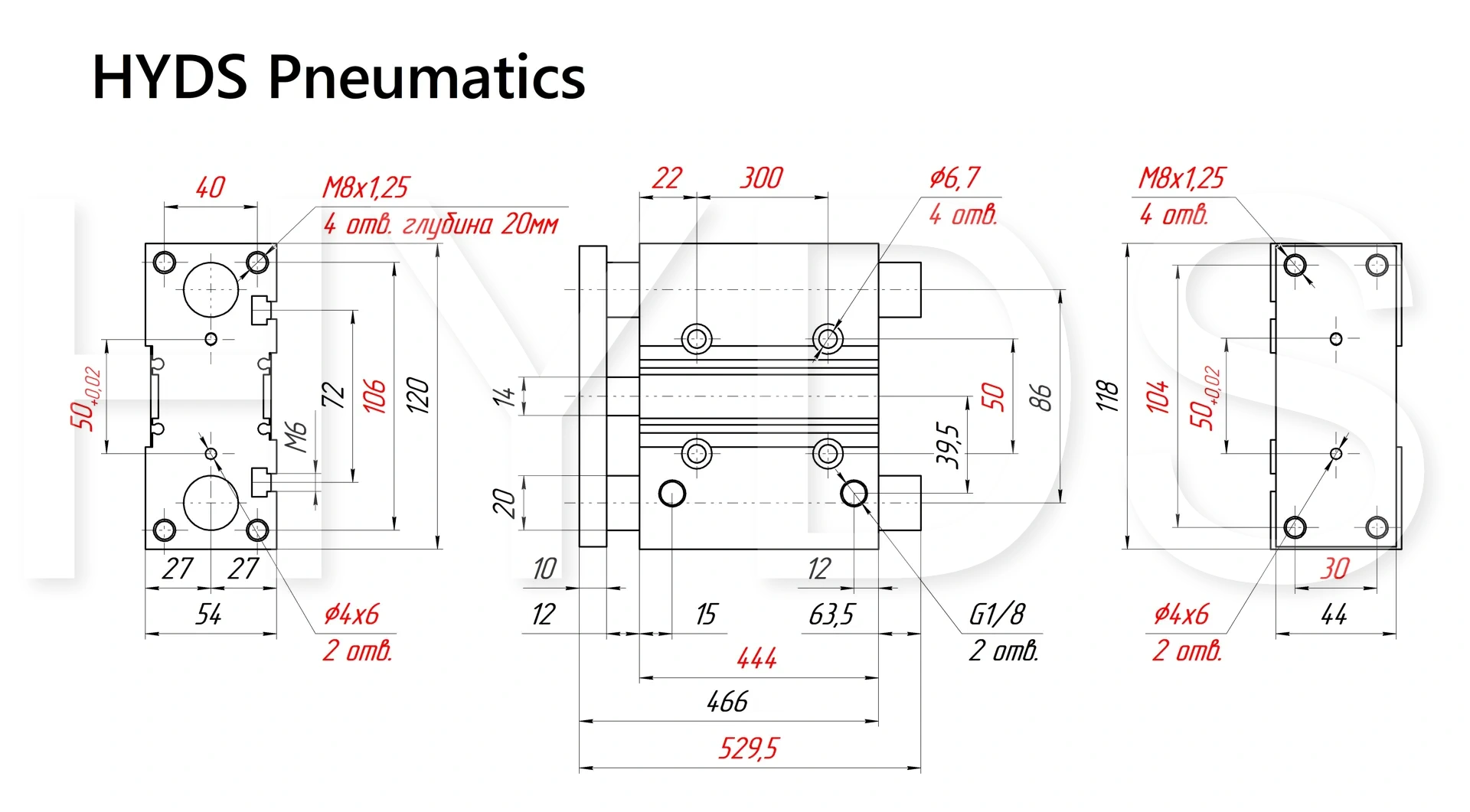 Чертёж пневмоцилиндра MGPM40TF-400Z Размеры пневмоцилиндра MGPM40TF-400Z